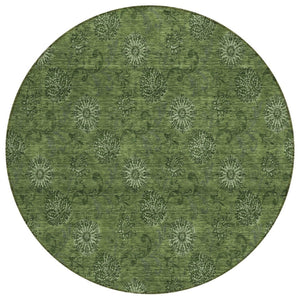 HomeRoots 5' Olive Green Floral Indoor Outdoor Area Rug – Stylish, Durable, Machine Washable for High Traffic Spaces 8' Round 586986