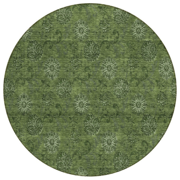 HomeRoots 5' Olive Green Floral Indoor Outdoor Area Rug – Stylish, Durable, Machine Washable for High Traffic Spaces 8' Round 586986