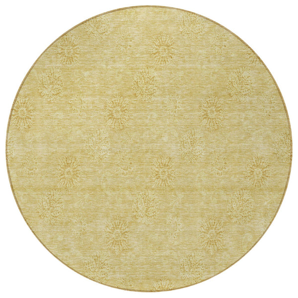 Homeroots 3' Gold Floral Washable Area Rug - Durable Indoor Outdoor Accent For Living Room, Patio & More 8' Round Polyester 586992