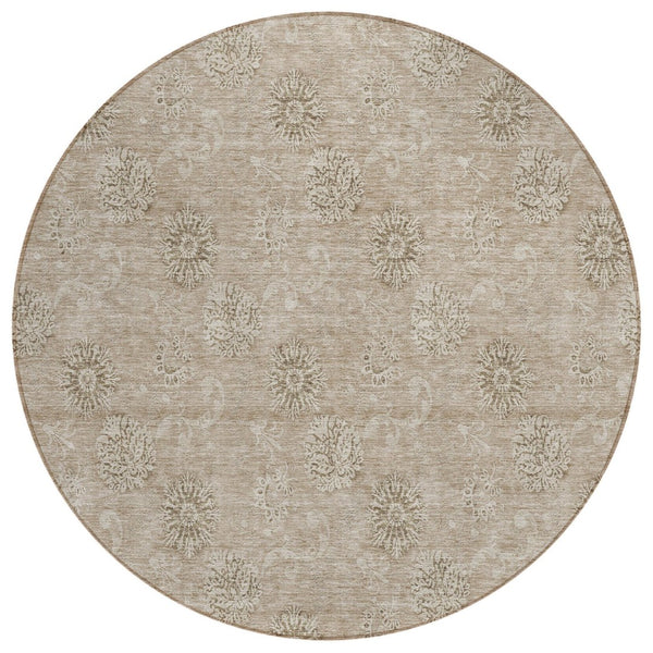 HomeRoots 5' Durable Khaki Beige Floral Area Rug for Indoor and Outdoor Use - Machine Washable, Stylish Comfort 8' Round 586998
