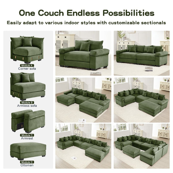 English Elm Oversized Modular Sectional Couch - Cloud-Like Comfort, Deep Seats, 13 Pillows, Ergonomic Design, Green W714S01340-GIGA