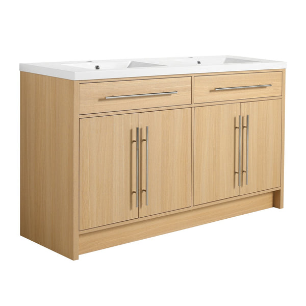 English Elm 60" Freestanding Bathroom Vanity with Dual Resin Sinks, Spacious Soft-Close Cabinet Storage, Durable Finish Oak W1972S00026