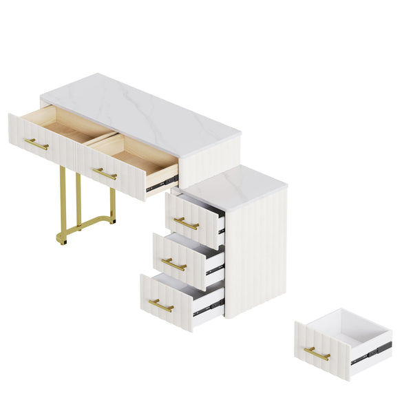 English Elm Velvet Upholstered Vanity Desk Set with Marble-Look Top, Padded Chair, 5 Spacious Drawers & Gold Accents Beige 17.5 L x 16.3 W x 16.1 H N733S272606A