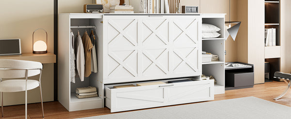 English Elm Twin Murphy Bed with Wardrobe and 3 Shelves, White Space-Saving Wall Bed for Guests, Twin Size 90" GX000733AAK