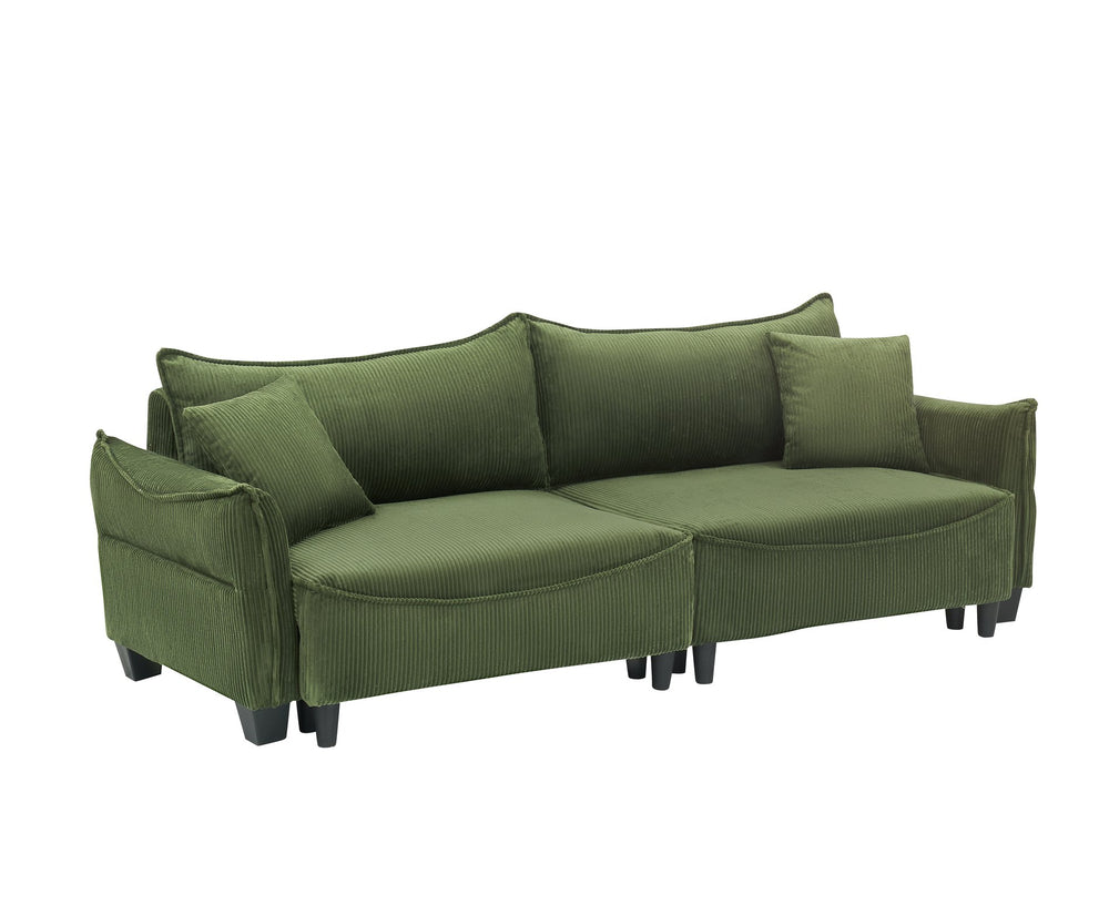 English Elm Sofa Green Corduroy 3-Seater Convertible Sofa Bed with Two Throw Pillows, Solid Wood Frame, 500lb Capacity W1278S00038