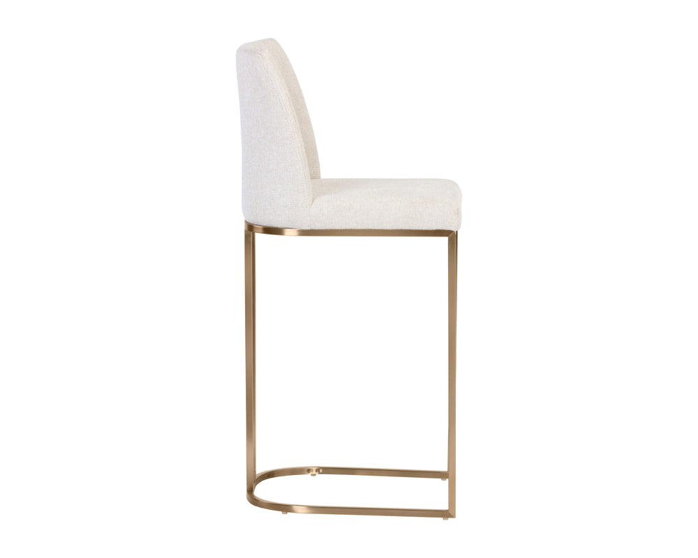 Sunpan Rayla Counter Stool - Elegant Cantilever Design with Textured Fabric and Antique Brass Frame Belfast Oatmeal