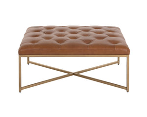 Sunpan Endall Ottoman - Elegant Square Design with Button Tufting Perfect for Coffee Table or Extra Seating Antique Brass / Vintage Camel Leather