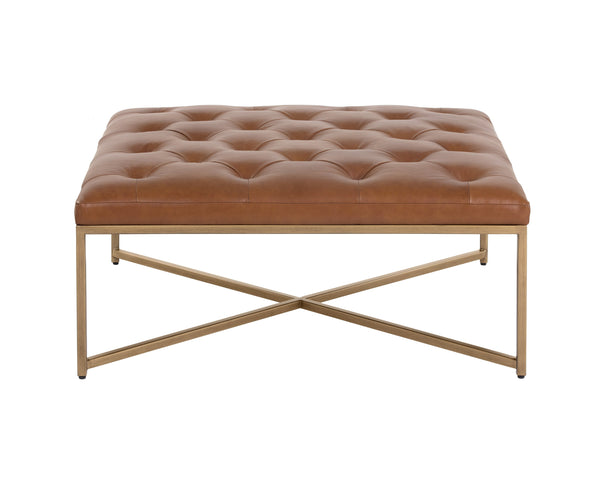 Sunpan Endall Ottoman - Elegant Square Design with Button Tufting Perfect for Coffee Table or Extra Seating Antique Brass / Vintage Camel Leather