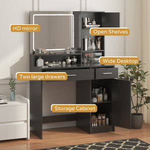 English Elm Vanity Black Dressing Table with LED Mirror, Touch Controls, 3 Lighting Modes, Large Drawer Storage W2386P389996
