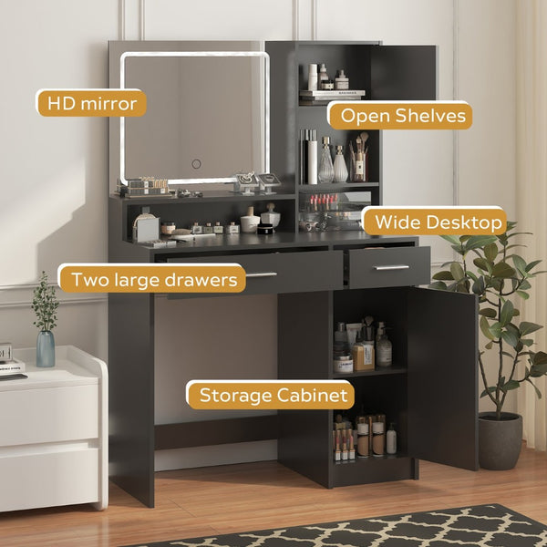 English Elm Vanity Desk With Led Touch Mirror, 3-Level Storage, Adjustable Brightness & Sleek Black Finish W2386P192269-GIGA