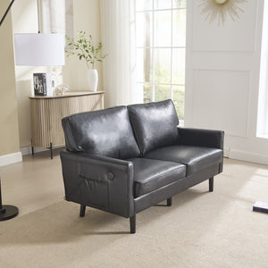 English Elm Loveseat Modern Mid-Century 2-Seater with USB Type-C Charging, Removable Zippered Covers, Sturdy Wood Legs Black PU W395P238820