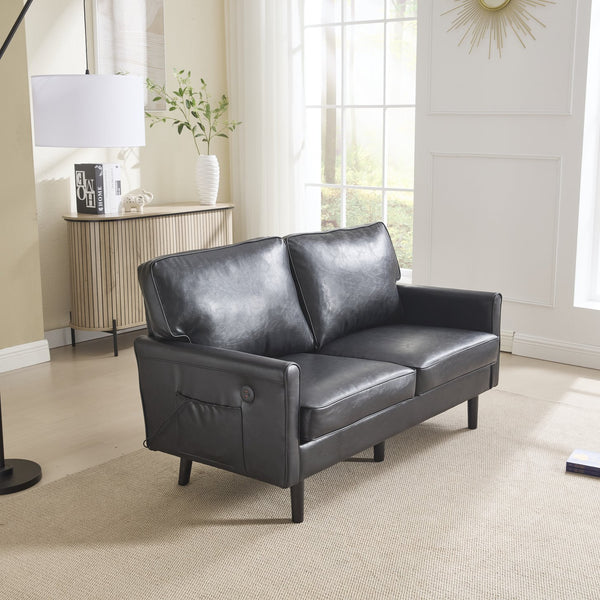 English Elm Loveseat Modern Mid-Century 2-Seater with USB Type-C Charging, Removable Zippered Covers, Sturdy Wood Legs Black PU W395P238820