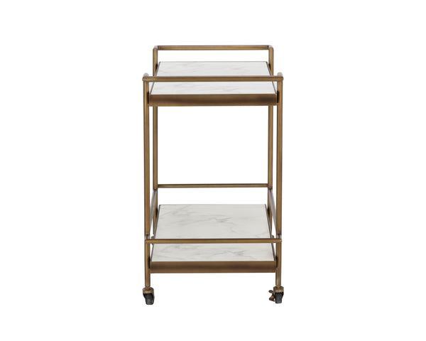 Sunpan Contardi Bar Cart - Elegant Rustic Bronze Frame with Marble-Look Concrete Shelves for Indoor/Outdoor Use