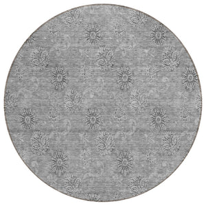 HomeRoots 5' Durable Pewter and Gray Floral Area Rug - Stain-Resistant, Machine Washable for Indoor/Outdoor Use 8' Round 587010