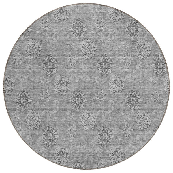 HomeRoots 5' Durable Pewter and Gray Floral Area Rug - Stain-Resistant, Machine Washable for Indoor/Outdoor Use 8' Round 587010