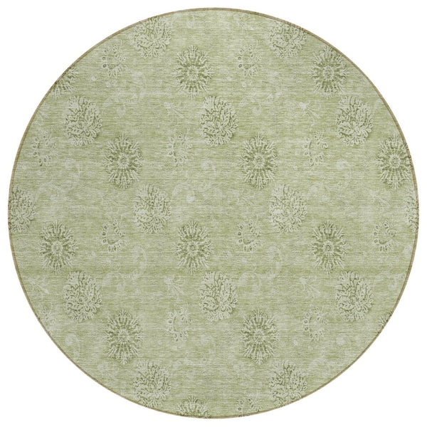 HomeRoots 5' Washable Floral Area Rug in Sage & Artichoke Green – Durable, Stain-Resistant for Indoor & Outdoor Use 8' Round 587016