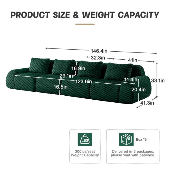 English Elm 146" Modular Flannelette Sectional Sofa Deep Seat Four Piece Living Room Couch Green W714S01528
