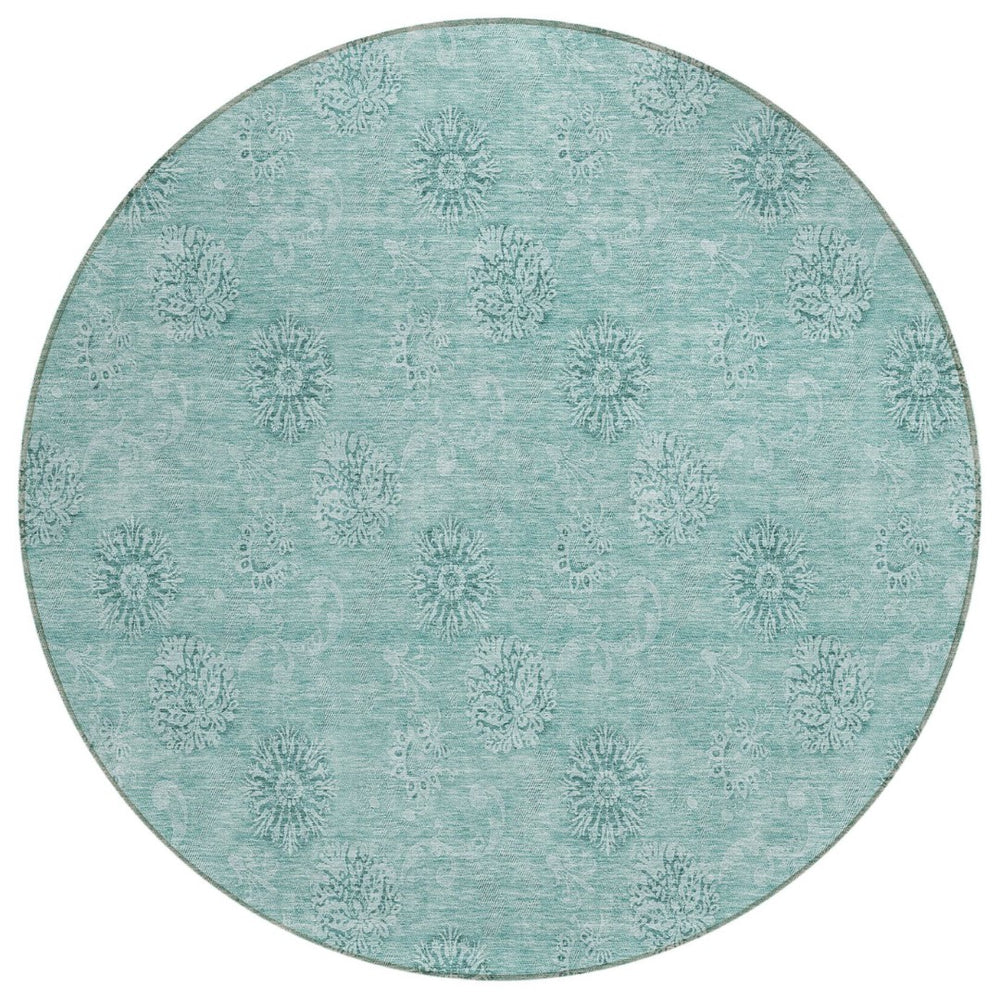 HomeRoots 5' Teal Blue and Ivory Floral Area Rug - Durable, Washable, Perfect for Indoor and Outdoor Spaces 8' Round 587028