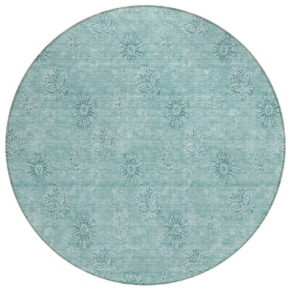 HomeRoots 5' Teal Blue and Ivory Floral Area Rug - Durable, Washable, Perfect for Indoor and Outdoor Spaces 8' Round 587028