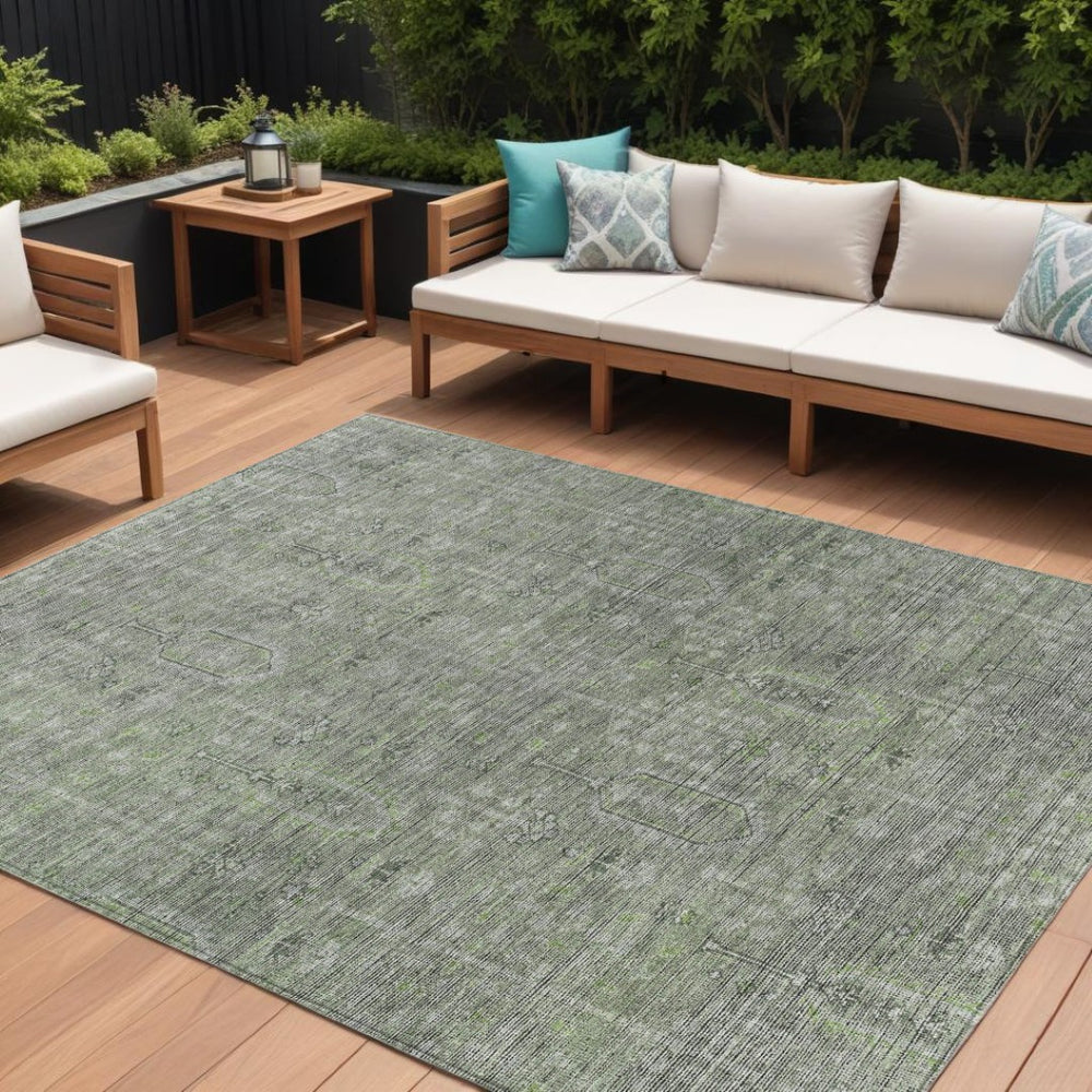 HomeRoots 9' Fern Green and Gray Southwestern Washable Area Rug - Durable, Stylish for Indoor/Outdoor Spaces 9' X 12' 587048