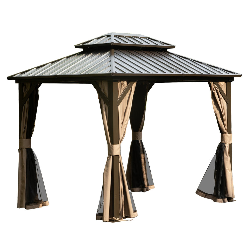 English Elm 8' Hardtop Gazebo 8x10 Aluminum Pavilion with Double Roof, Curtains & Netting for Outdoor Events Brown W1859S00149
