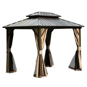 English Elm 8' Hardtop Gazebo 8x10 Aluminum Pavilion with Double Roof, Curtains & Netting for Outdoor Events Brown W1859S00149