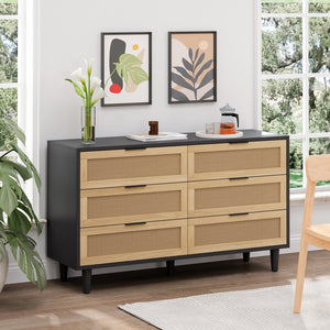 English Elm 51.18"6-Drawers Rattan Storage Cabinet with Smooth White Slides, Breathable Woven Drawers for Home Black W757P162761