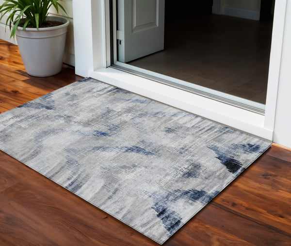 Homeroots 3'' Gray Silver And Blue Abstract Washable Area Rug For Indoor And Outdoor Spaces, Stain Resistant 3' X 5' Polyester 587104