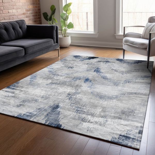 Homeroots 3'' Gray Silver And Blue Abstract Washable Area Rug For Indoor And Outdoor Spaces, Stain Resistant 3' X 5' Polyester 587104