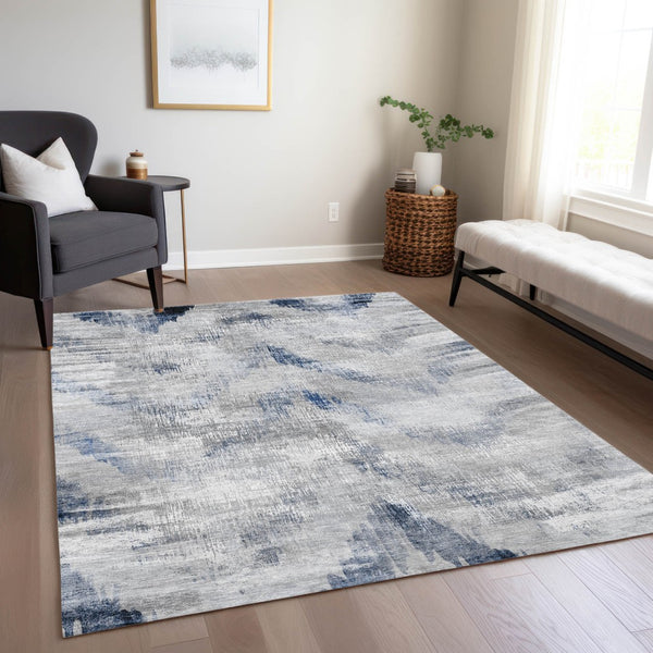 Homeroots 3'' Gray Silver And Blue Abstract Washable Area Rug For Indoor And Outdoor Spaces, Stain Resistant 3' X 5' Polyester 587104