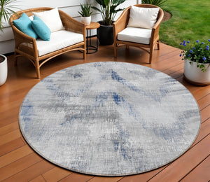 Homeroots 3'' Gray Silver And Blue Abstract Washable Area Rug For Indoor And Outdoor Spaces, Stain Resistant 8' Round Polyester 587106