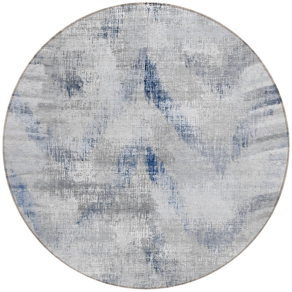 Homeroots 3'' Gray Silver And Blue Abstract Washable Area Rug For Indoor And Outdoor Spaces, Stain Resistant 8' Round Polyester 587106