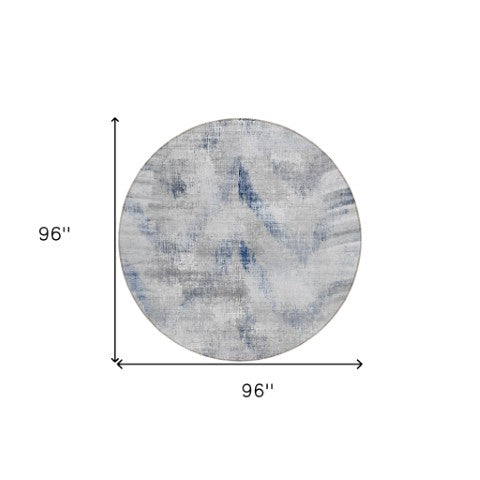 Homeroots 3'' Gray Silver And Blue Abstract Washable Area Rug For Indoor And Outdoor Spaces, Stain Resistant 8' Round Polyester 587106