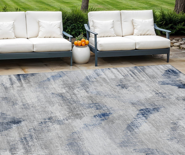 Homeroots 3'' Gray Silver And Blue Abstract Washable Area Rug For Indoor And Outdoor Spaces, Stain Resistant 9' X 12' Polyester 587108