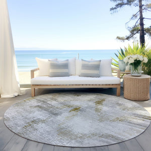 Homeroots 3'' Gray Silver And Blue Abstract Washable Area Rug For Indoor And Outdoor Spaces, Stain Resistant 8' Round Polyester 587112