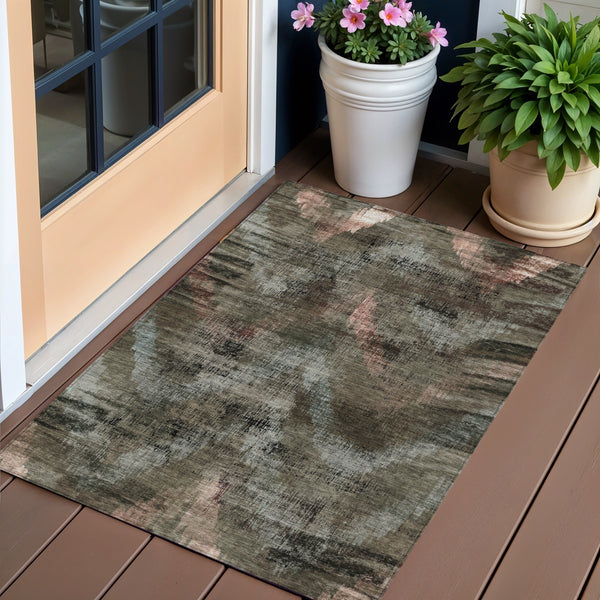 Homeroots 3' Brown Taupe And Salmon Abstract Washable Area Rug For Indoor And Outdoor Spaces, Durable Design 3' X 5' Polyester 587116