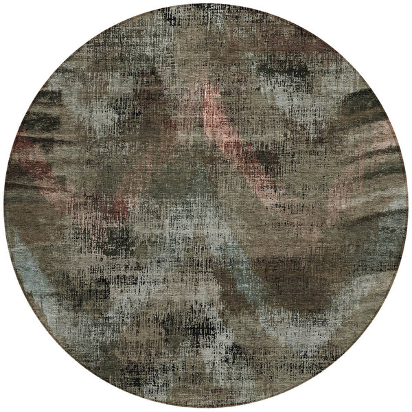 Homeroots 3' Brown Taupe And Salmon Abstract Washable Area Rug For Indoor And Outdoor Spaces, Durable Design 8' Round Polyester 587118