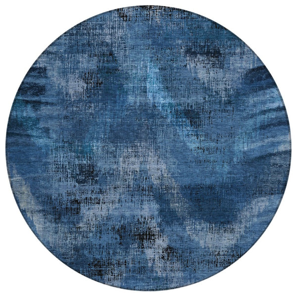 HomeRoots 5' Abstract Navy Blue and Sky Blue Indoor Outdoor Area Rug - Modern, Washable, Stain-Resistant Design 8' Round 587124