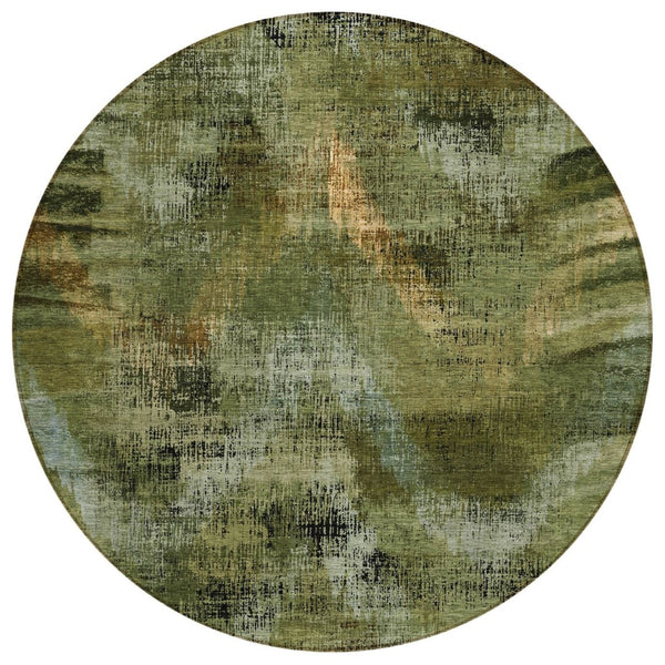 HomeRoots 5' Olive Green and Gold Abstract Area Rug - Durable, Washable Design for Indoor and Outdoor Spaces 8' Round 587142