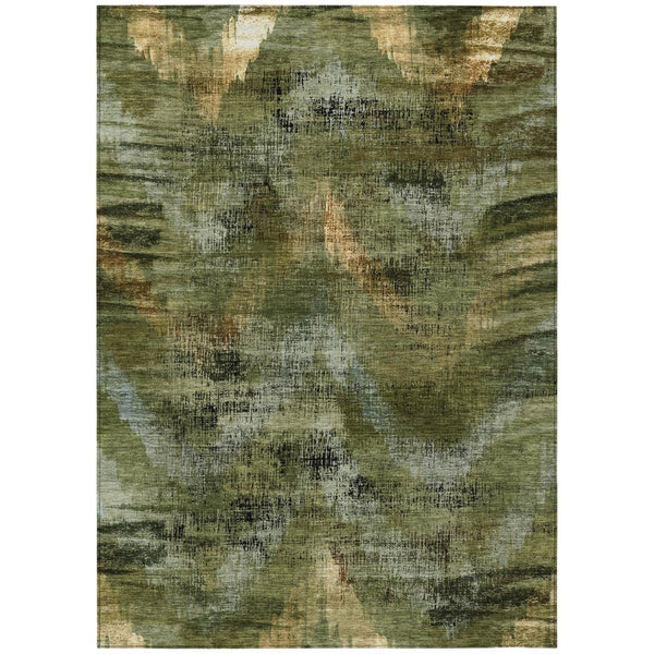 HomeRoots 5' Olive Green and Gold Abstract Area Rug - Durable, Washable Design for Indoor and Outdoor Spaces 8' X 10' 587143