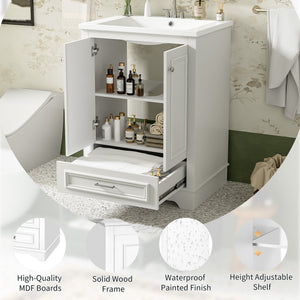 English Elm 24'' Bathroom Vanity with Ceramic Sink Combo Modern Freestanding MDF Cabinet with Soft-Close Doors and Sleek Silver Handles for Spacious Organized Bathroom Storage White N710P194893K