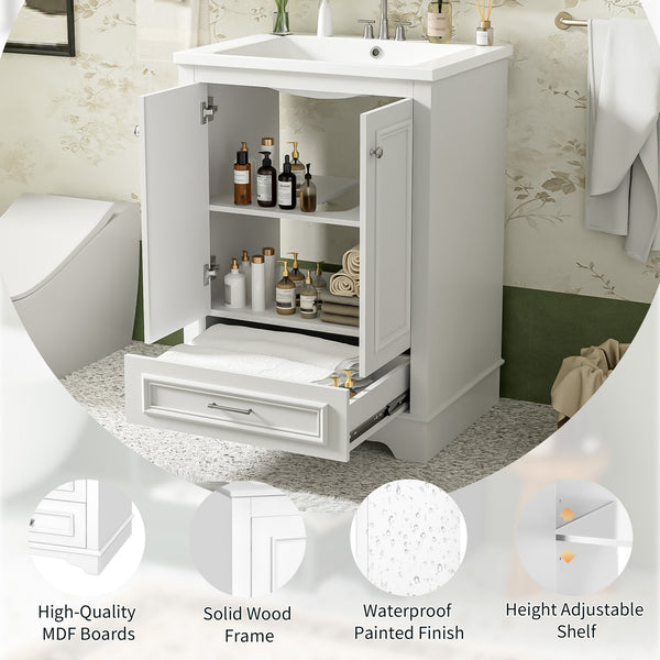 English Elm 24'' Bathroom Vanity with Ceramic Sink Combo Modern Freestanding MDF Cabinet with Soft-Close Doors and Sleek Silver Handles for Spacious Organized Bathroom Storage White N710P194893K