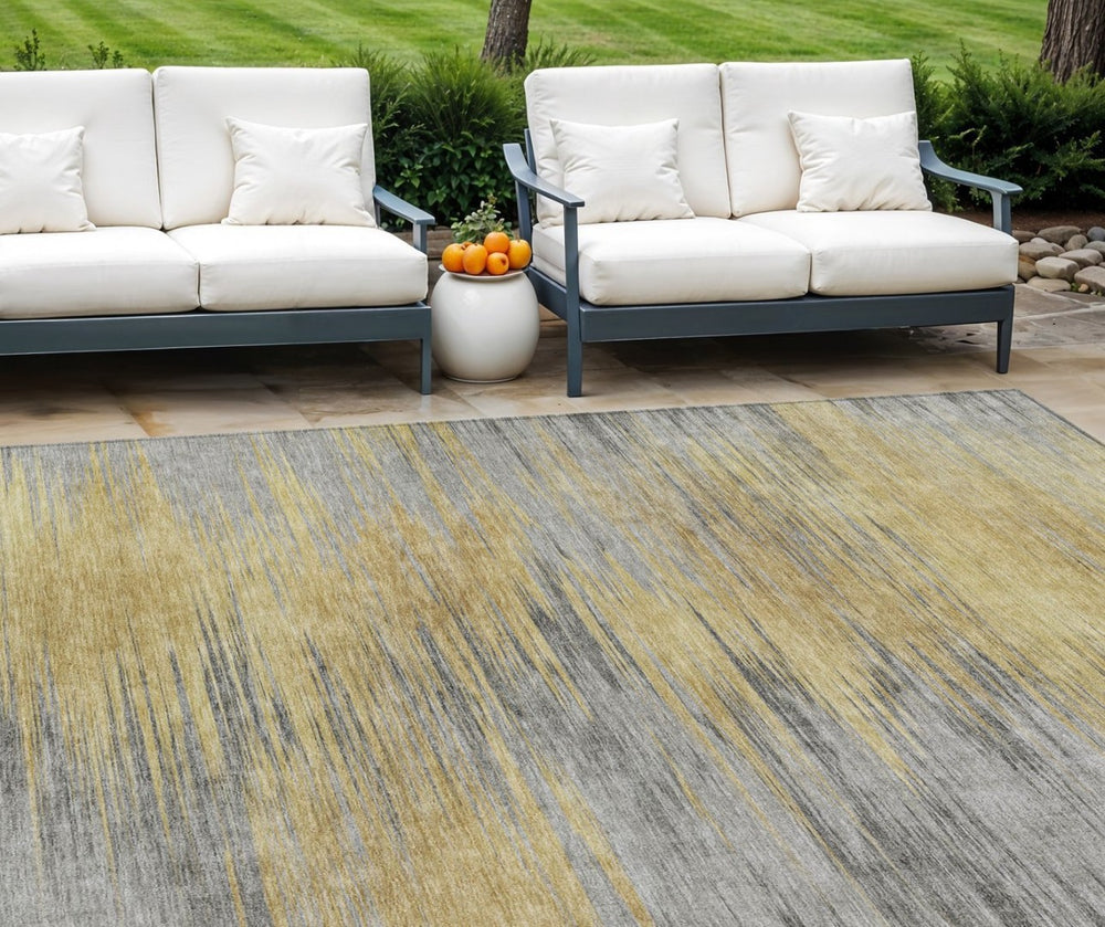 HomeRoots 9' Gold, Gray & Charcoal Abstract Area Rug - Durable, Washable Design for Indoor & Outdoor Spaces 9' X 12' 587168