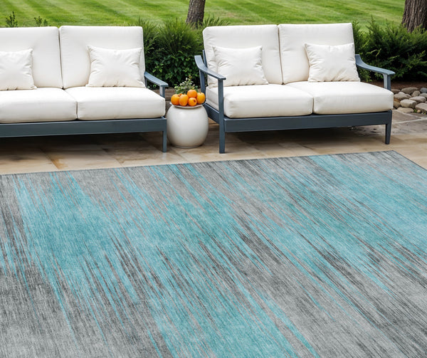 Homeroots 3' Denim Blue Abstract Washable Indoor Outdoor Area Rug - Stylish, Durable, And Easy To Maintain 8' X 10' Polyester 587185