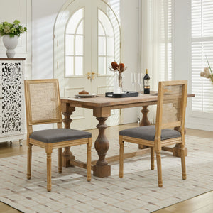 English Elm French Louis Dining Chair Set of 2 with Rattan Square Backrest, Carved Solid Wood Frame, Cushioned Elegance Gray W1143P335057