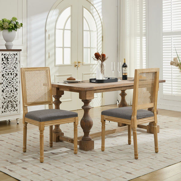 English Elm French Louis Dining Chair Set of 2 with Carved Solid Wood Frame, Rattan Back, Plush Foam Seating, 300lb Capacity Gray W1143P335057