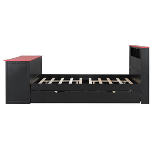 English Elm Full Size Wood Platform Daybed with Trundle Desk Rgb Led Lighting Gaming Bedroom Black+Red LT000284AAR