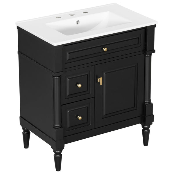 English Elm 30" Freestanding Bathroom Vanity Rubberwood Frame Ceramic Sink Flip Drawer Storage Black N725P356062B