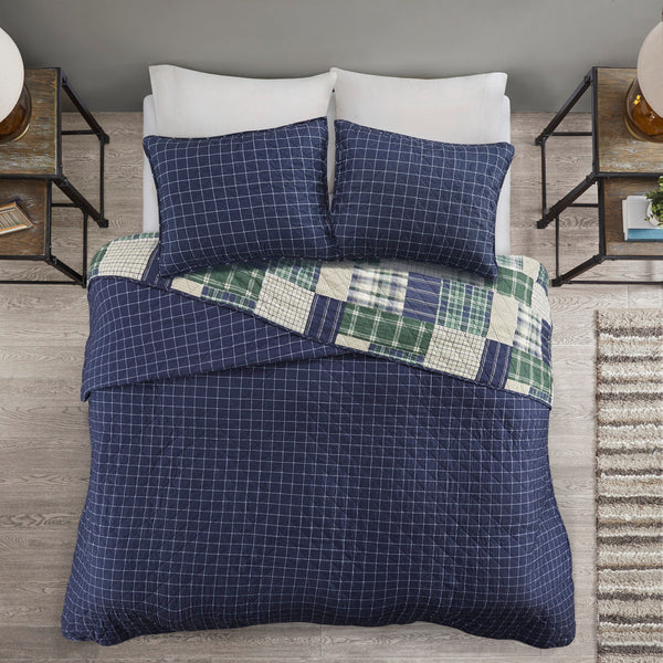 English Elm 3 Piece Timber Reversible Quilt Set King/Cal King - Rustic Green Navy Patchwork, Windowpane Reverse, Cotton-Rich Comfort B03597592