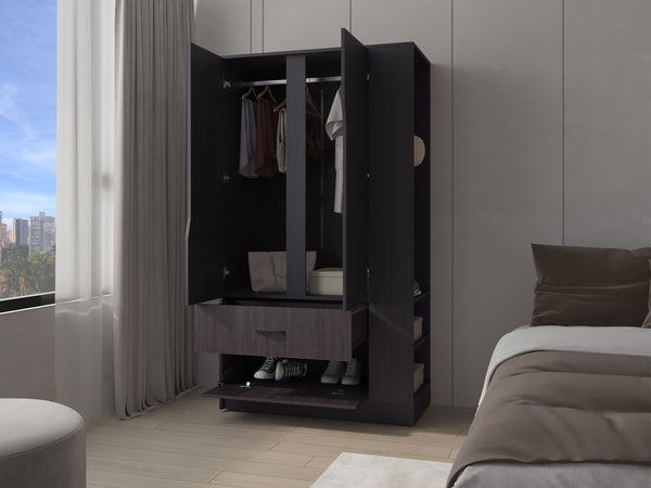 English Elm Sehili Spacious 3-Door Wardrobe with Drawer, Side Shelves & Dual Hanging Rods, Scratch-Resistant Wenge B128S00187